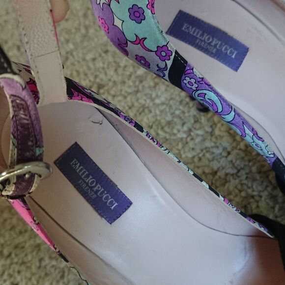 Emilio PUCCI purple floral Suede & silk open toe Stiletto Heels size 37.5 - Picture 10 of 14